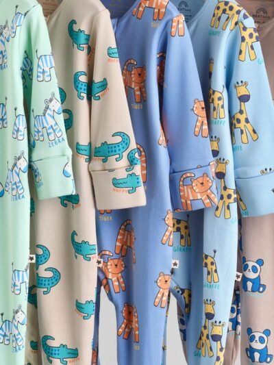 Multi Cotton Two Way Zip Baby Sleepsuits 5 Pack