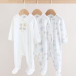 White Safari Baby Sleepsuits 3 Pack