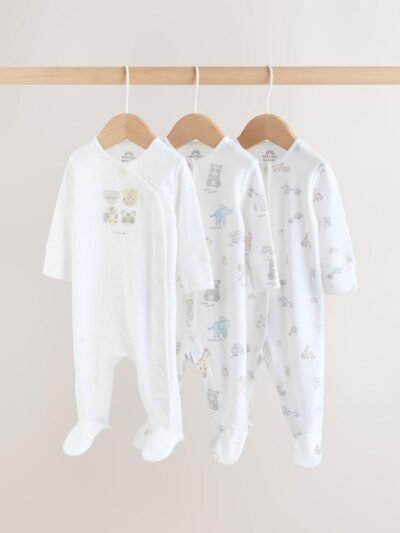 White Safari Baby Sleepsuits 3 Pack