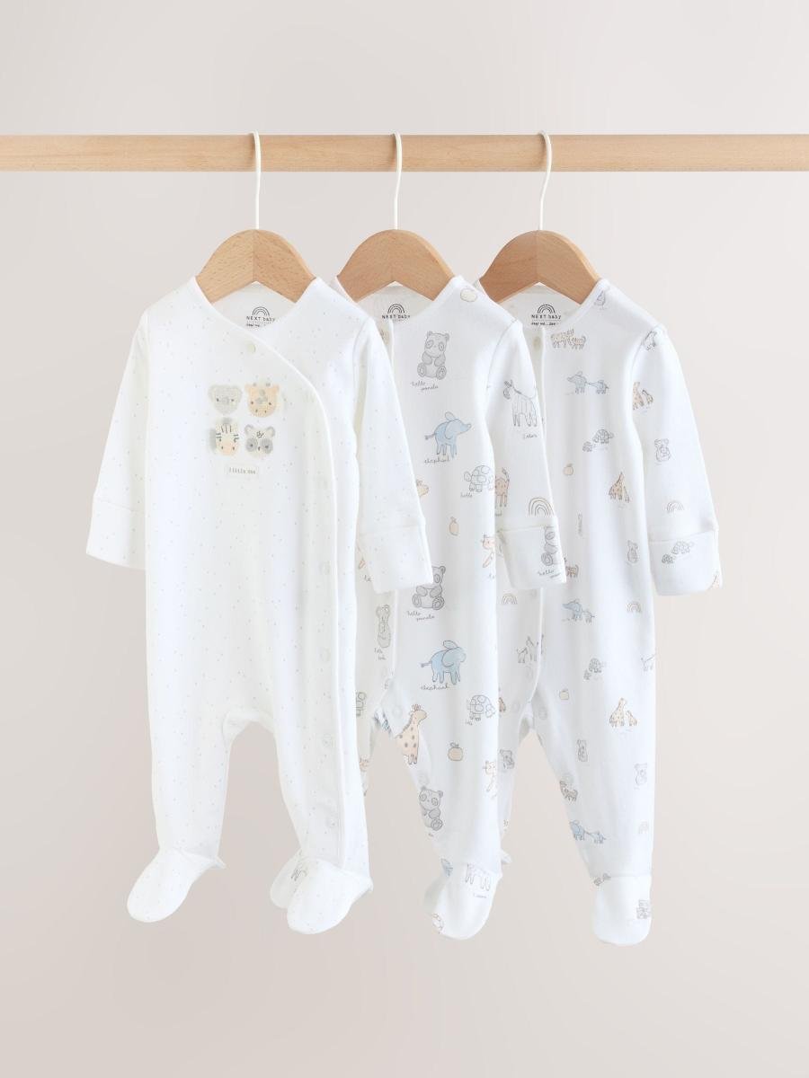 White Safari Baby Sleepsuits 3 Pack