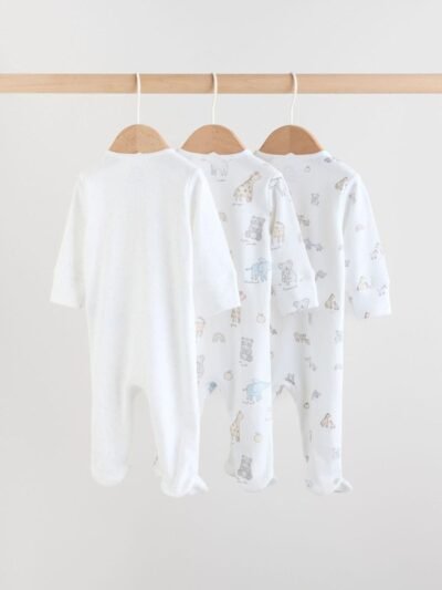 White Safari Baby Sleepsuits 3 Pack