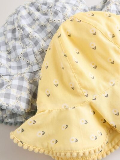 Yellow Floral Broderie and Grey Gingham Baby Bucket Hats 2 Pack