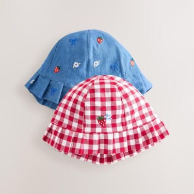 Blue and Red Embroidered Strawberry Baby Bucket Hats 2 Pack