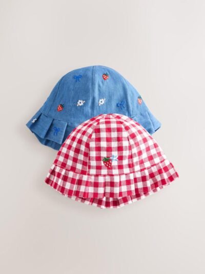 Blue and Red Embroidered Strawberry Baby Bucket Hats 2 Pack