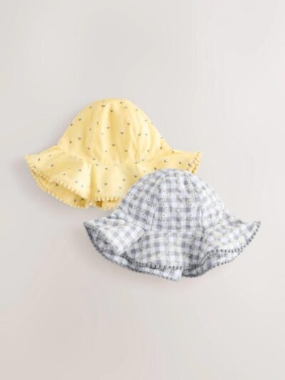 Yellow Floral Broderie and Grey Gingham Baby Bucket Hats 2 Pack