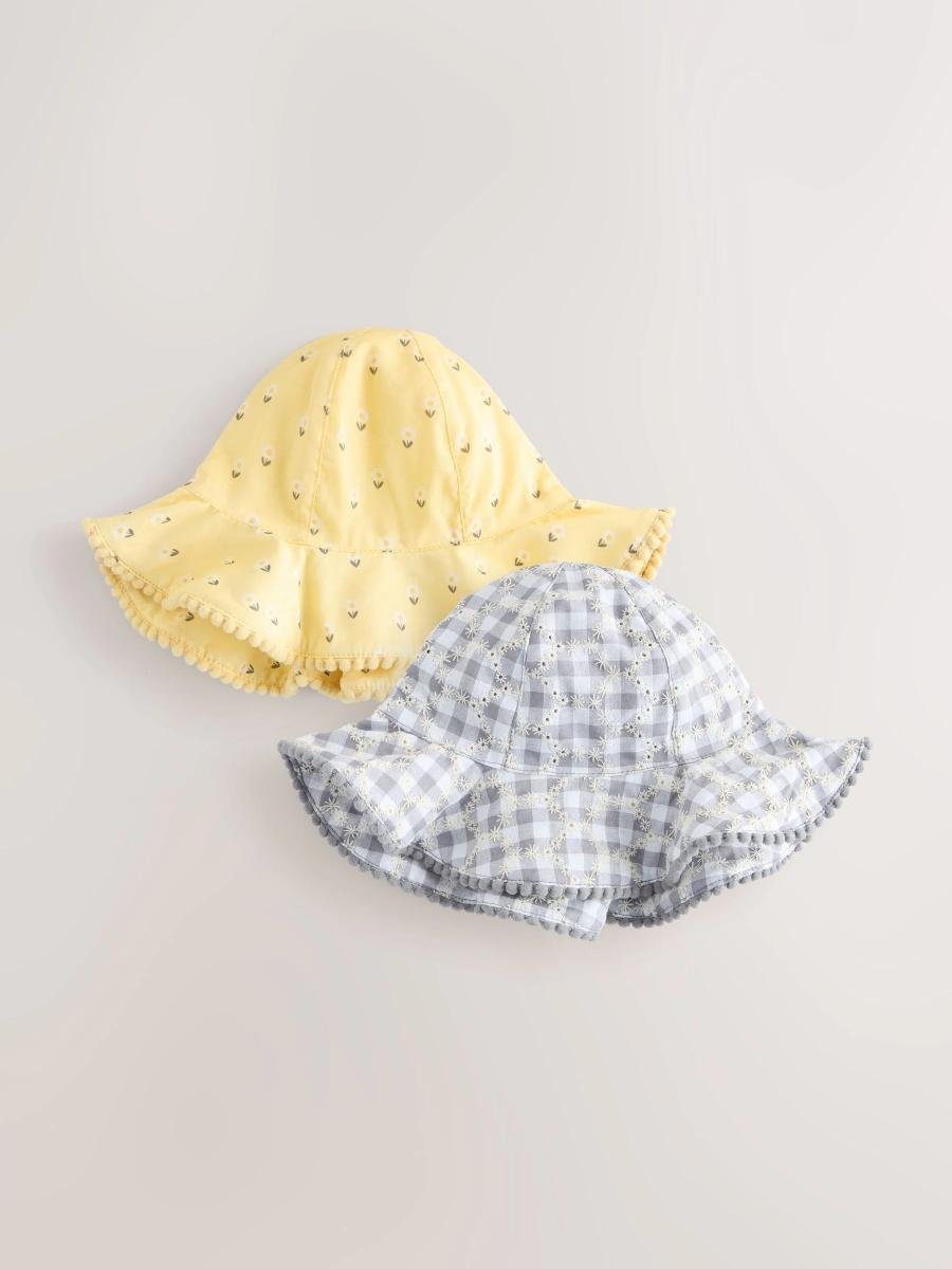 Yellow Floral Broderie and Grey Gingham Baby Bucket Hats 2 Pack
