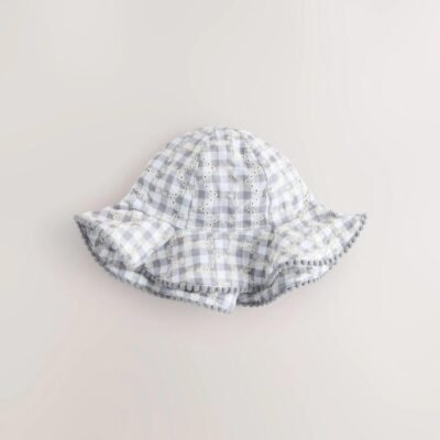 Yellow Floral Broderie and Grey Gingham Baby Bucket Hats 2 Pack