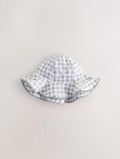 Yellow Floral Broderie and Grey Gingham Baby Bucket Hats 2 Pack