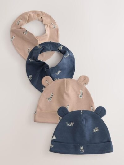 Multi Baby Beanie and Bibs 4 Piece Set