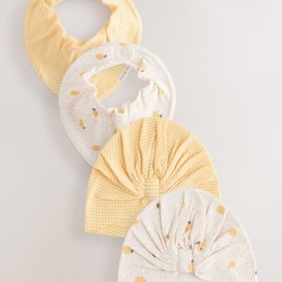 Yellow Baby Turban And Dribble Bib Set 4 Piece