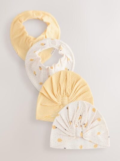 Yellow Baby Turban And Dribble Bib Set 4 Piece