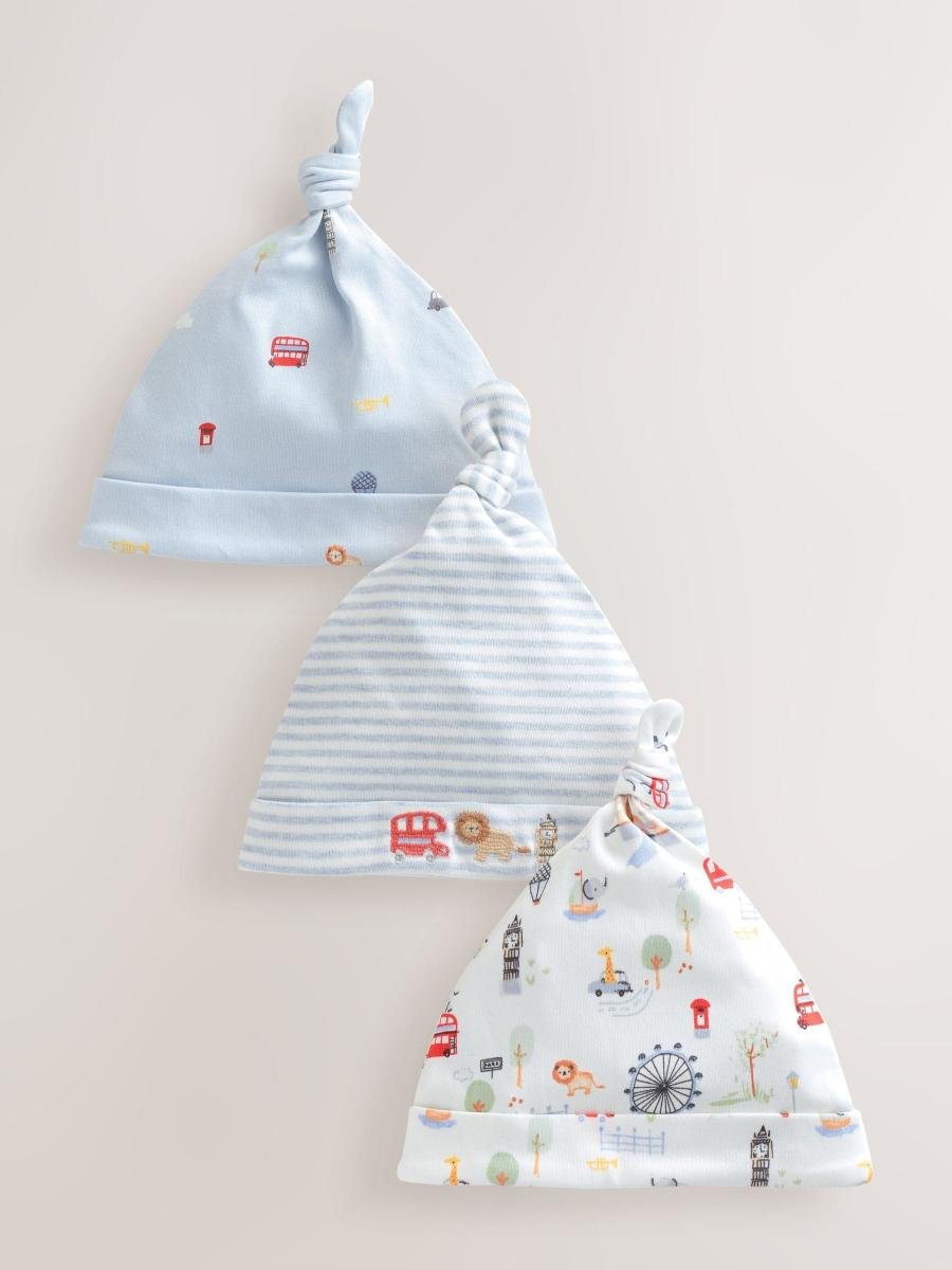 Blue London Tie Top Baby Hats 3 Pack