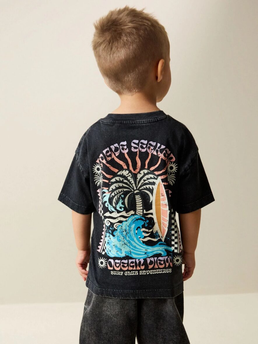 Black Acid Wash Surf Club Oversized Short Sleeve Back Print T-Shirt 1