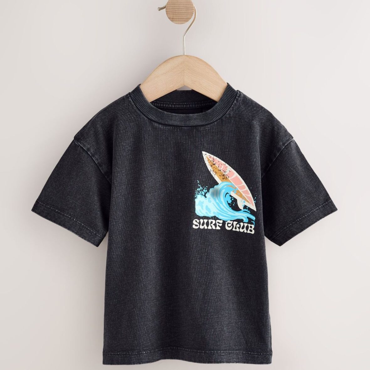 Black Acid Wash Surf Club Oversized Short Sleeve Back Print T-Shirt (3mths-7yrs)