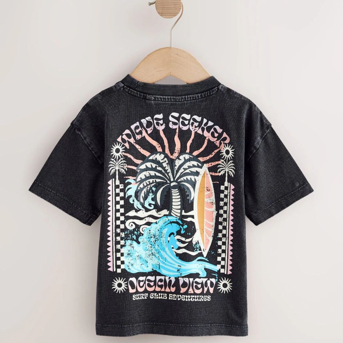 Black Acid Wash Surf Club Oversized Short Sleeve Back Print T-Shirt 3