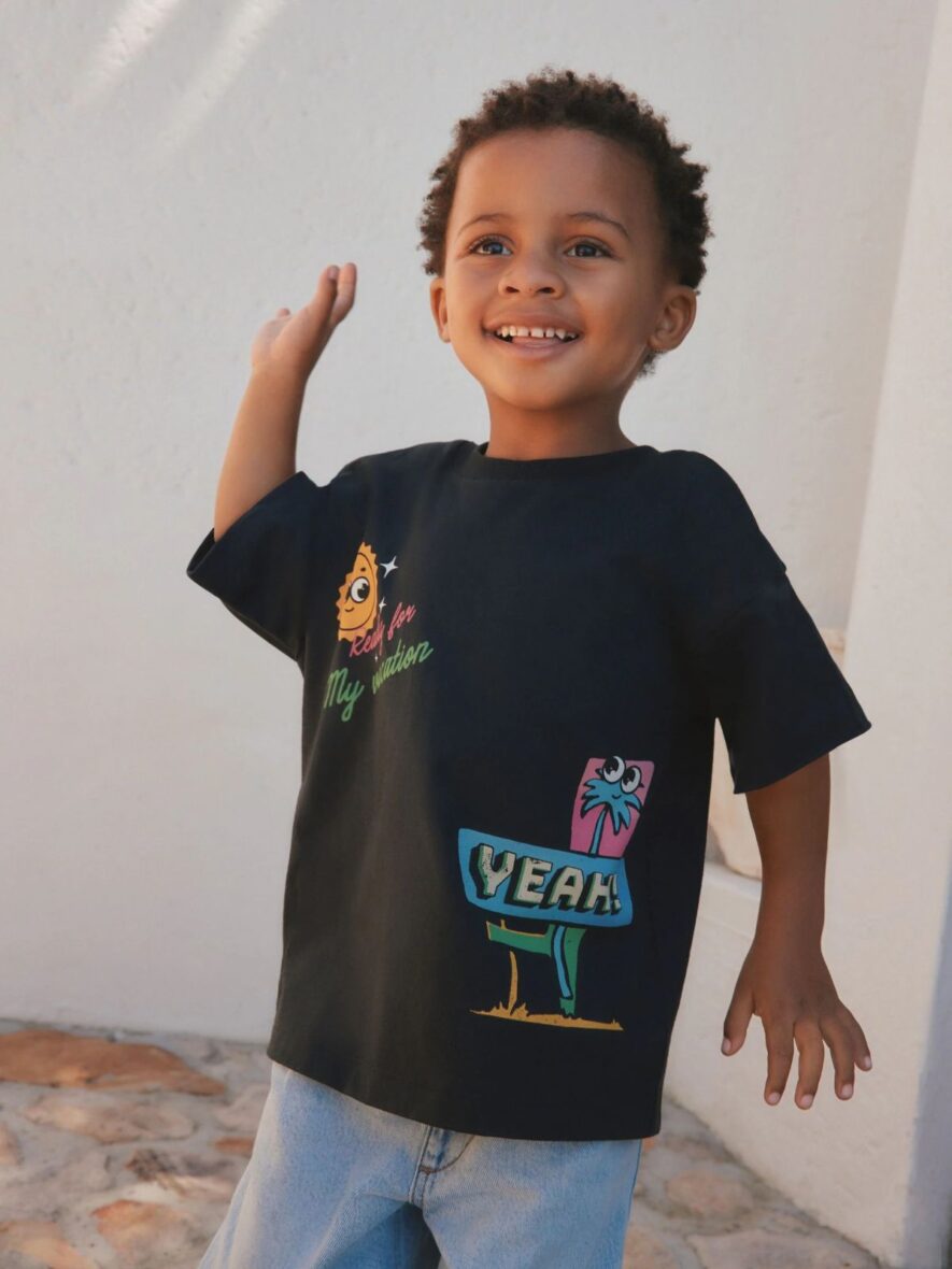 Black Retro Motel Oversized Short Sleeve Back Print T-Shirt (3mths-7yrs)