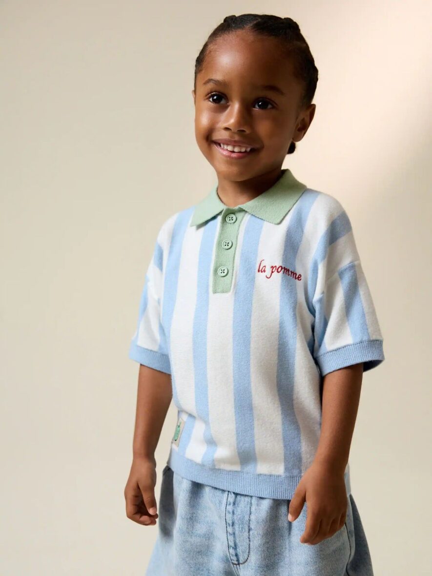 Blue Character Button Neck Knitted Polo Shirt 1
