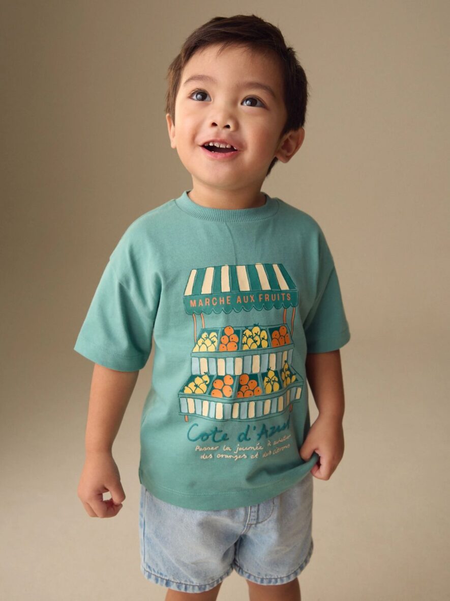 Blue Green Fruit Stall Short Sleeve Appliqué T-Shirt 1