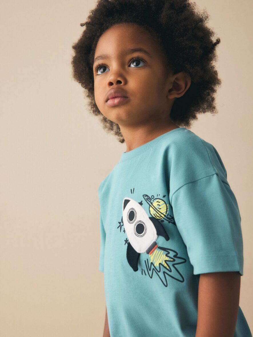 Blue Rocketship Short Sleeve Interactive T-Shirt 2