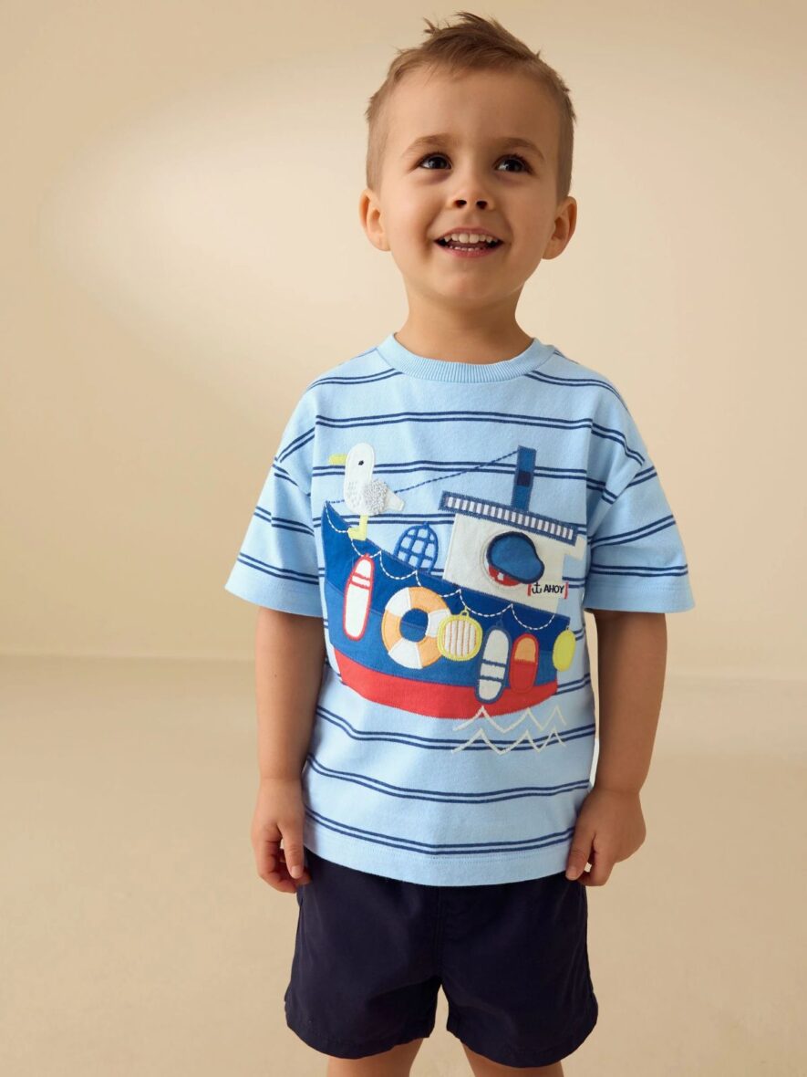 Blue Stripe Sealife Boat Short Sleeve Interactive T-Shirt 1