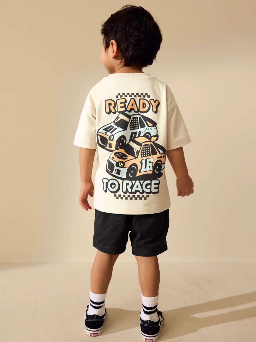 Cream Race Car Short Sleeve Back Print T-Shirt 1