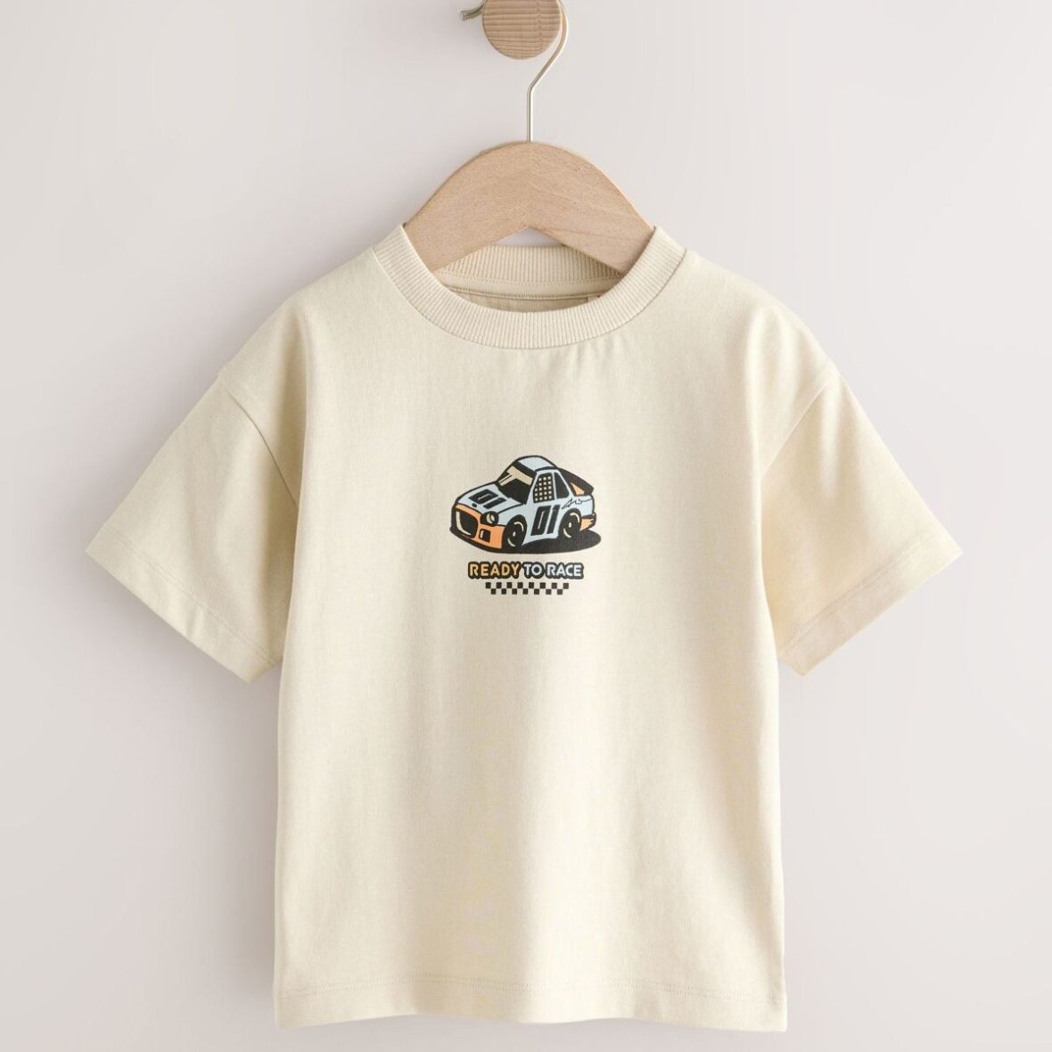 Cream Race Car Short Sleeve Back Print T-Shirt (3mths-7yrs)