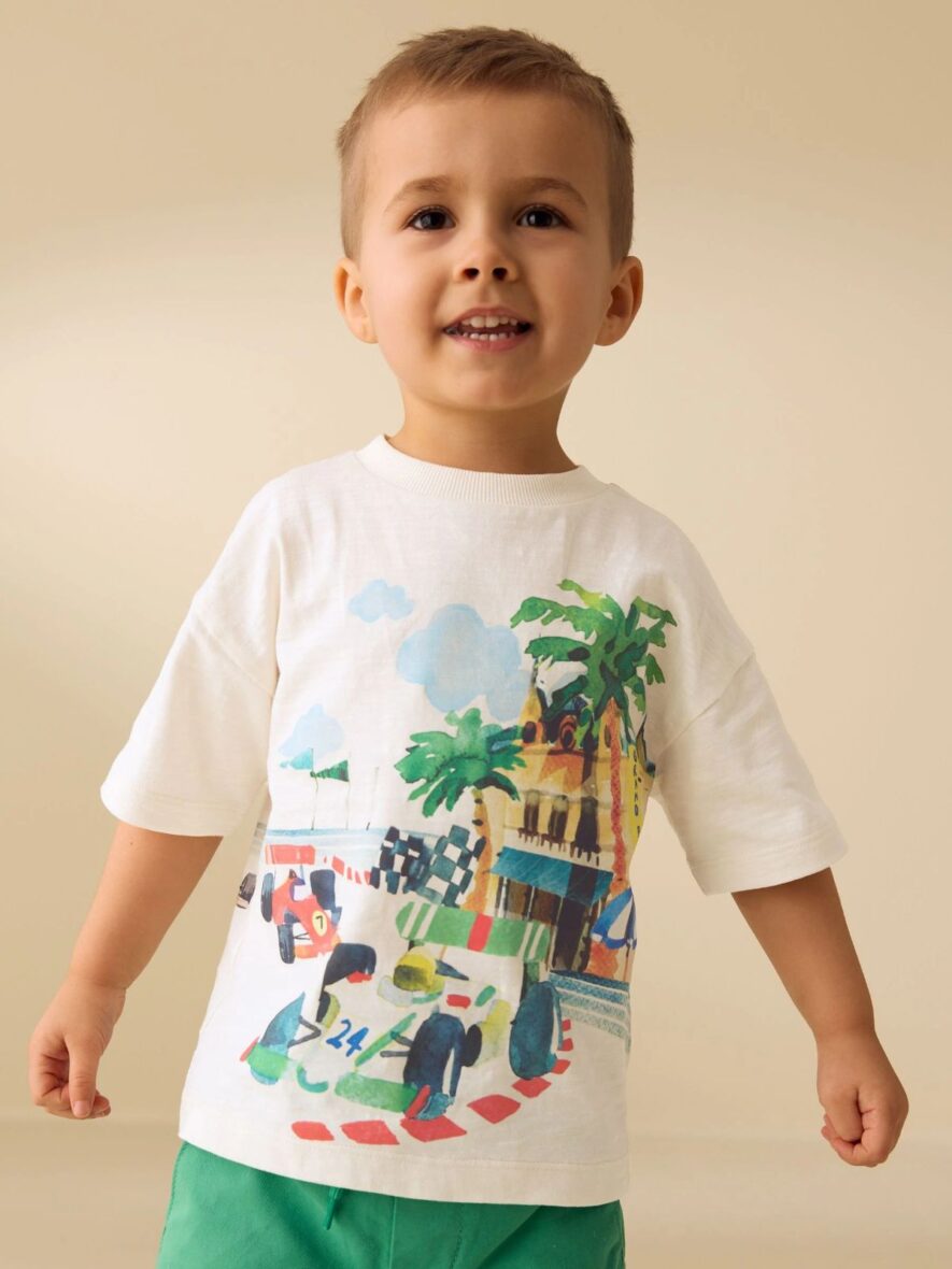 Cream Watercolour Race Car Scene Short Sleeve Back Print T-Shirt 1