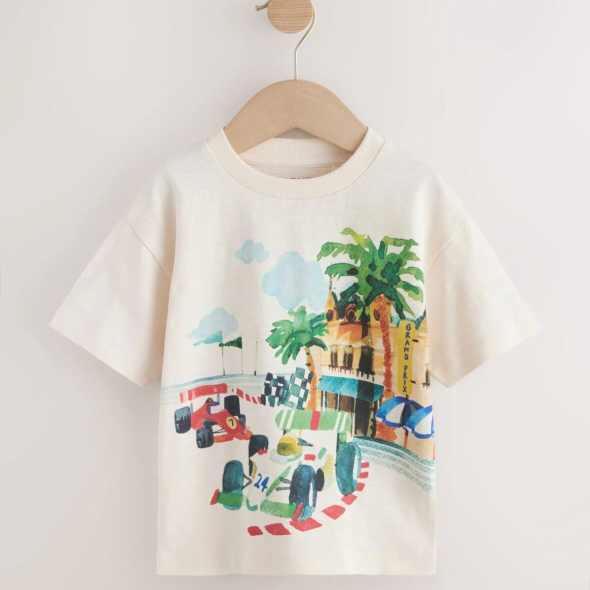 Cream Watercolour Race Car Scene Short Sleeve Back Print T-Shirt (3mths-7yrs)