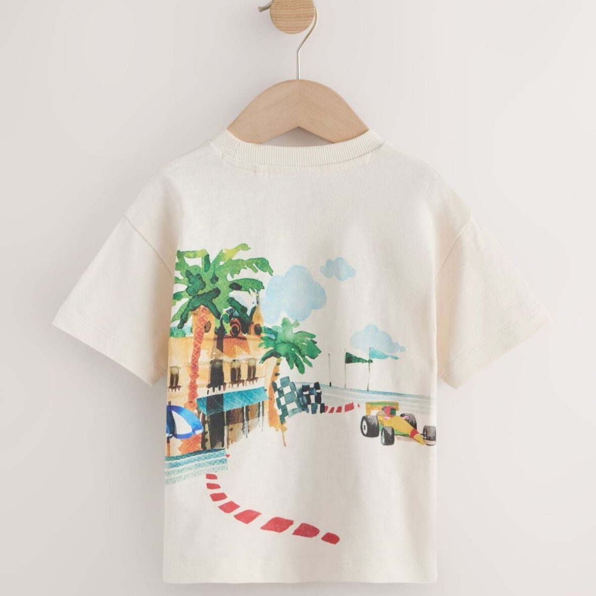 Cream Watercolour Race Car Scene Short Sleeve Back Print T-Shirt 3