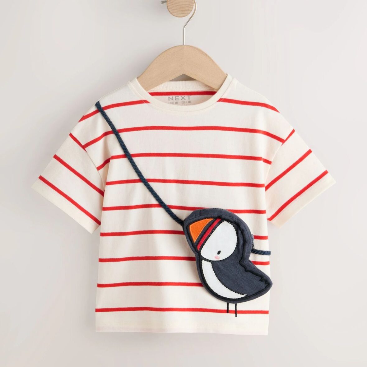 Ecru/Red Stripe Puffin Short Sleeve Bag T-Shirt (3mths-7yrs)