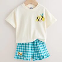 Ecru White Disney Minnie and Mickey Short Sleeve Top and Shorts Set 1