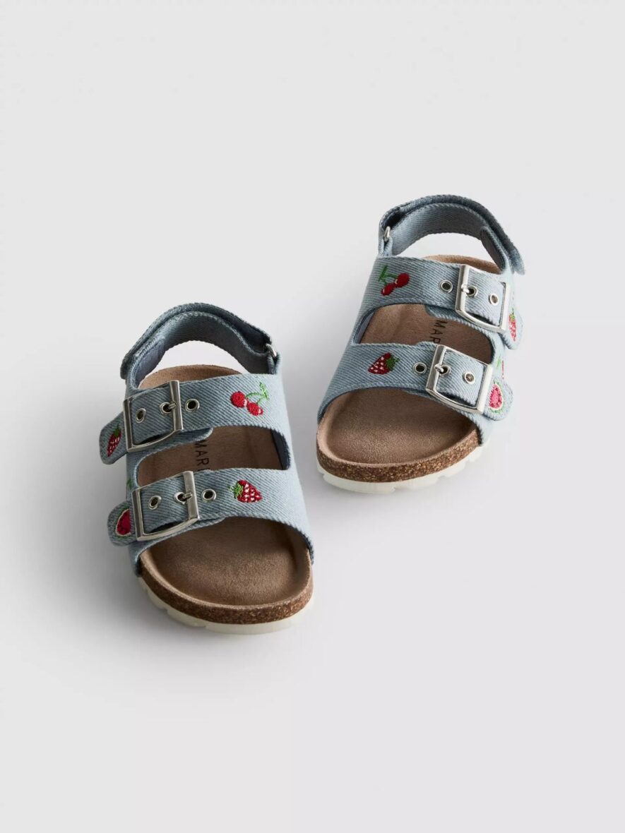 Embroidered Double Buckle Strap Denim Sandals 2