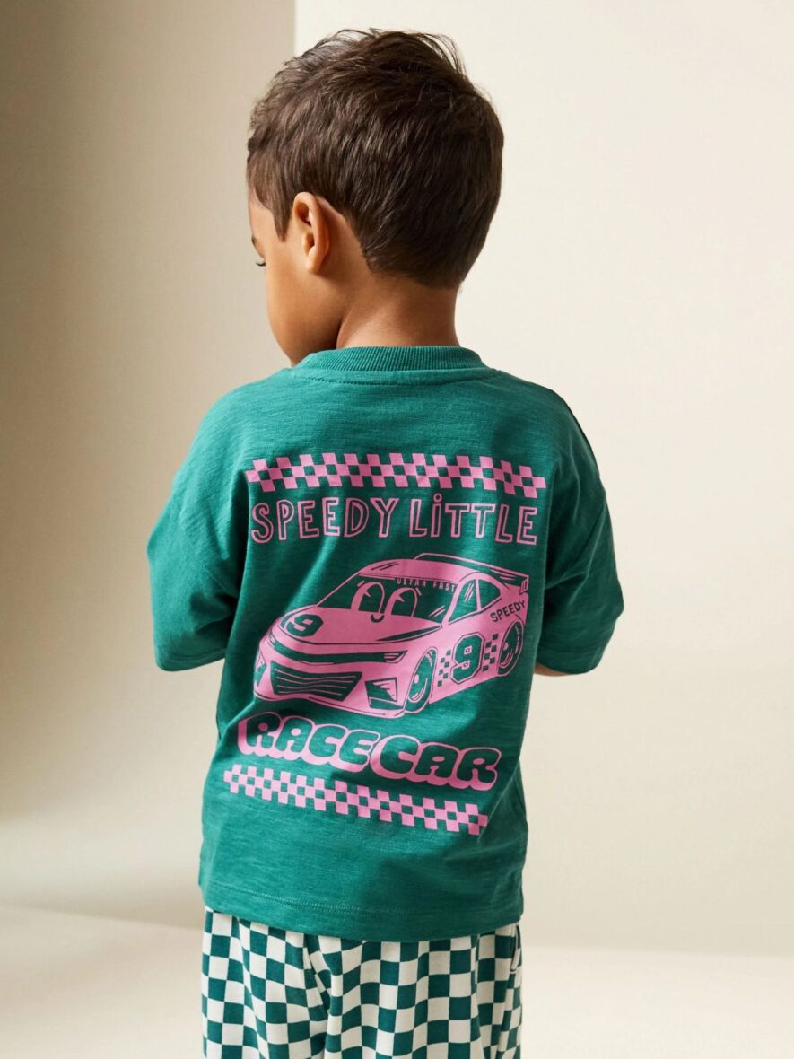 Green Pink Race Car Short Sleeve Back Print T-Shirt 1