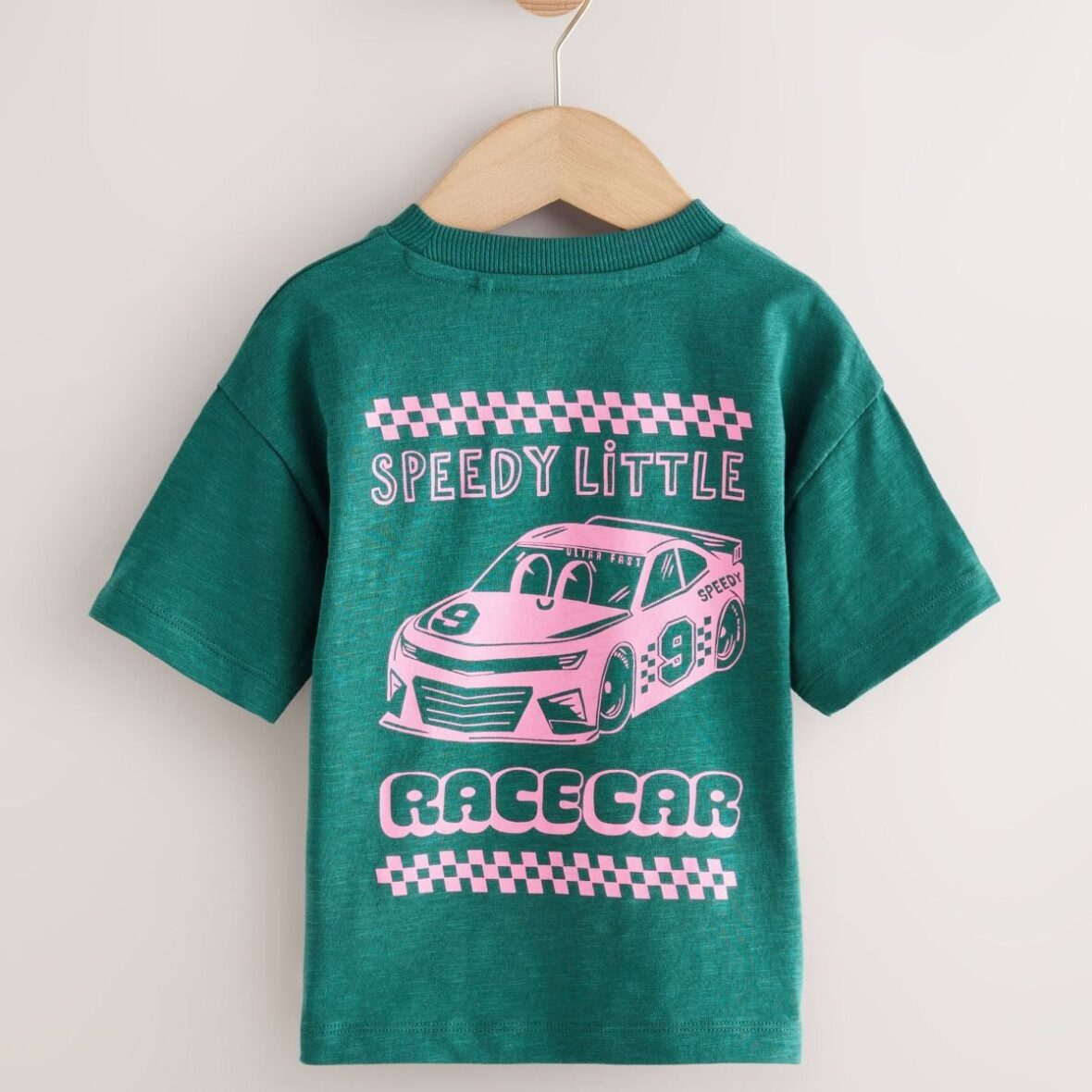 Green Pink Race Car Short Sleeve Back Print T-Shirt 3
