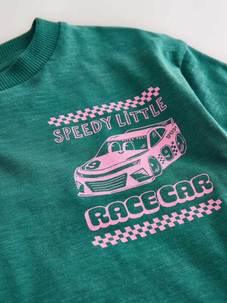 Green Pink Race Car Short Sleeve Back Print T-Shirt 4