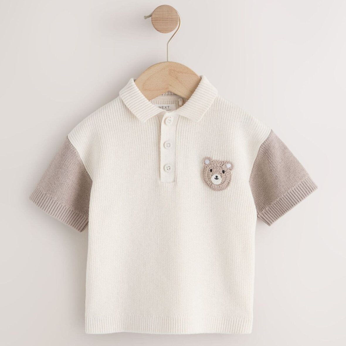 Neutral Bear Character Button Neck Knitted Polo Shirt (3mths-7yrs)