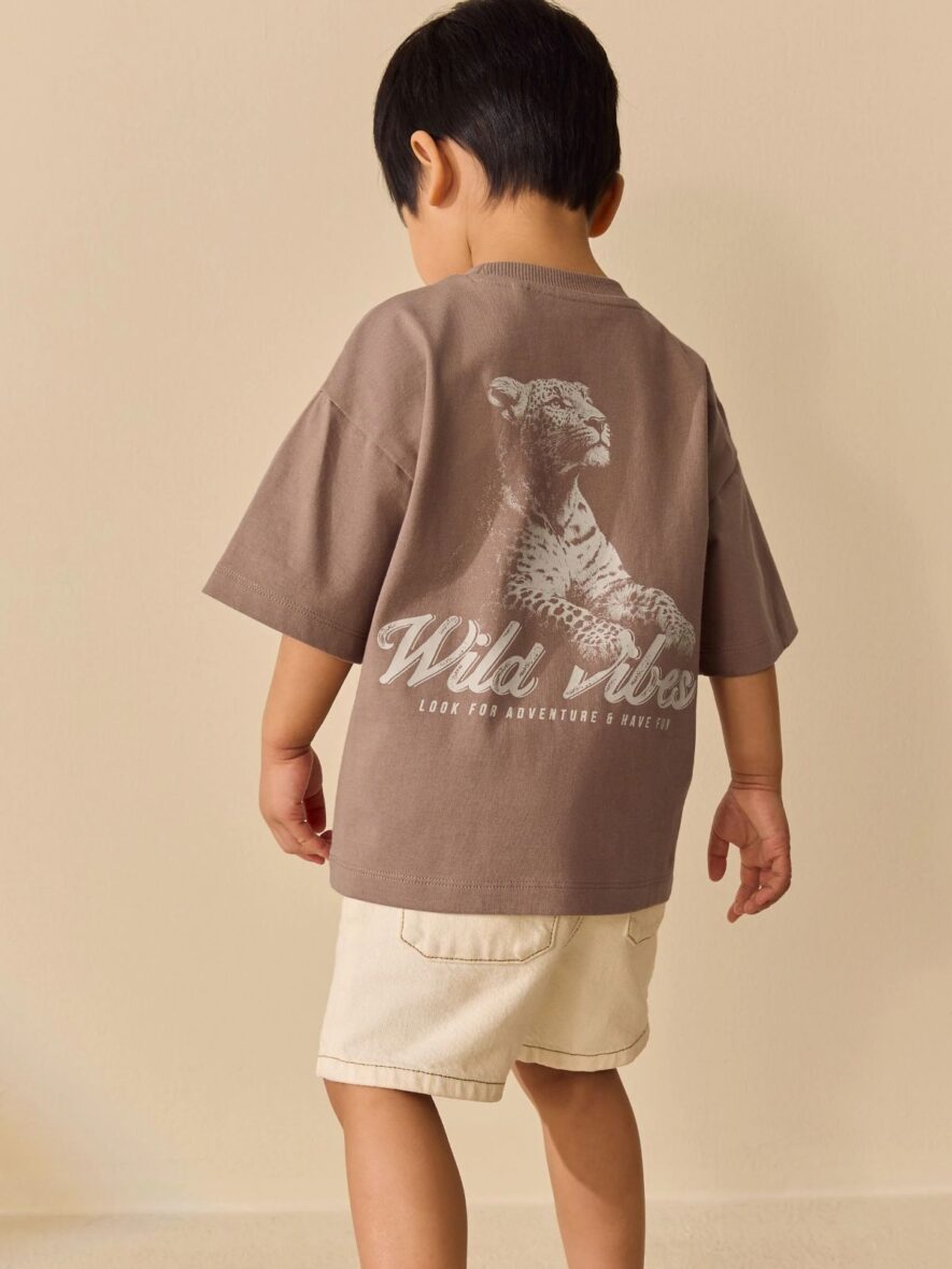 Neutral Tan Wild Vibes Tiger Short Sleeve Back Print T-Shirt 1