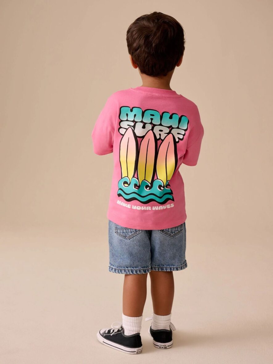Pink Surfboard Short Sleeve Back Print T-Shirt 1