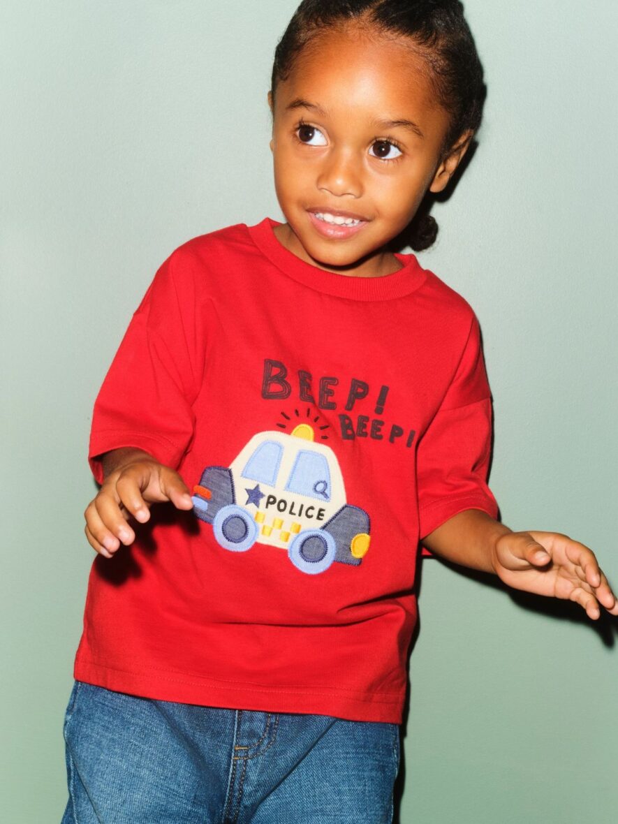 Red Police Car Short Sleeve Appliqué T-Shirt 1