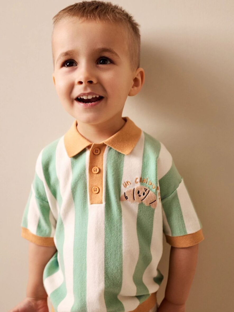 Striped Character Button Neck Knitted Polo Shirt 2