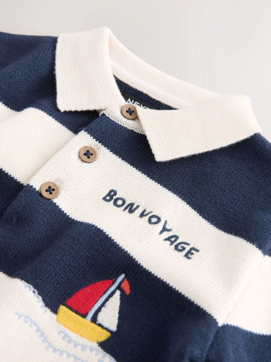 Striped Character Button Neck Knitted Polo Shirt 2