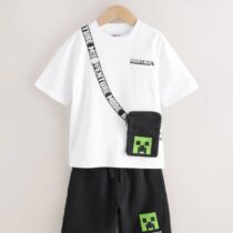 White/Black Minecraft Bag T-Shirt and Shorts Set 1