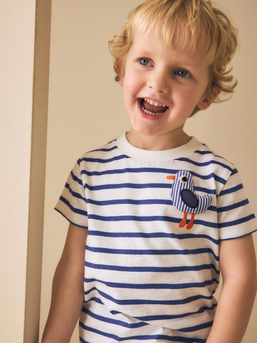 White Blue Stripe Seagull Short Sleeve 3D Padded T-Shirt 1
