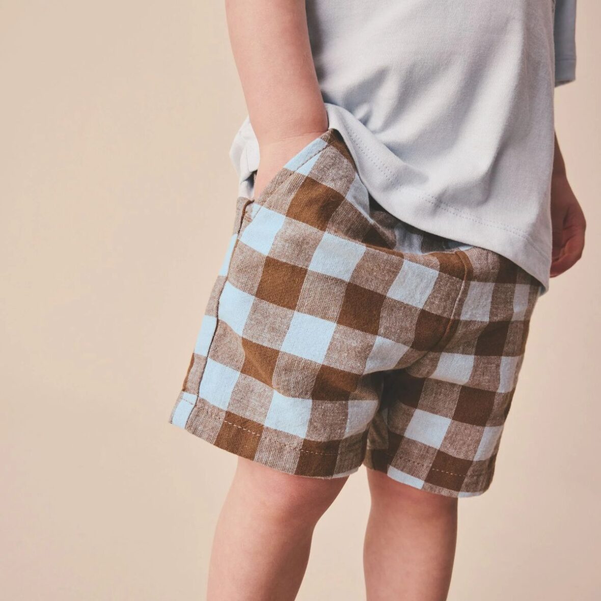 Blue Brown Gingham Linen Blend Pull On Shorts 1