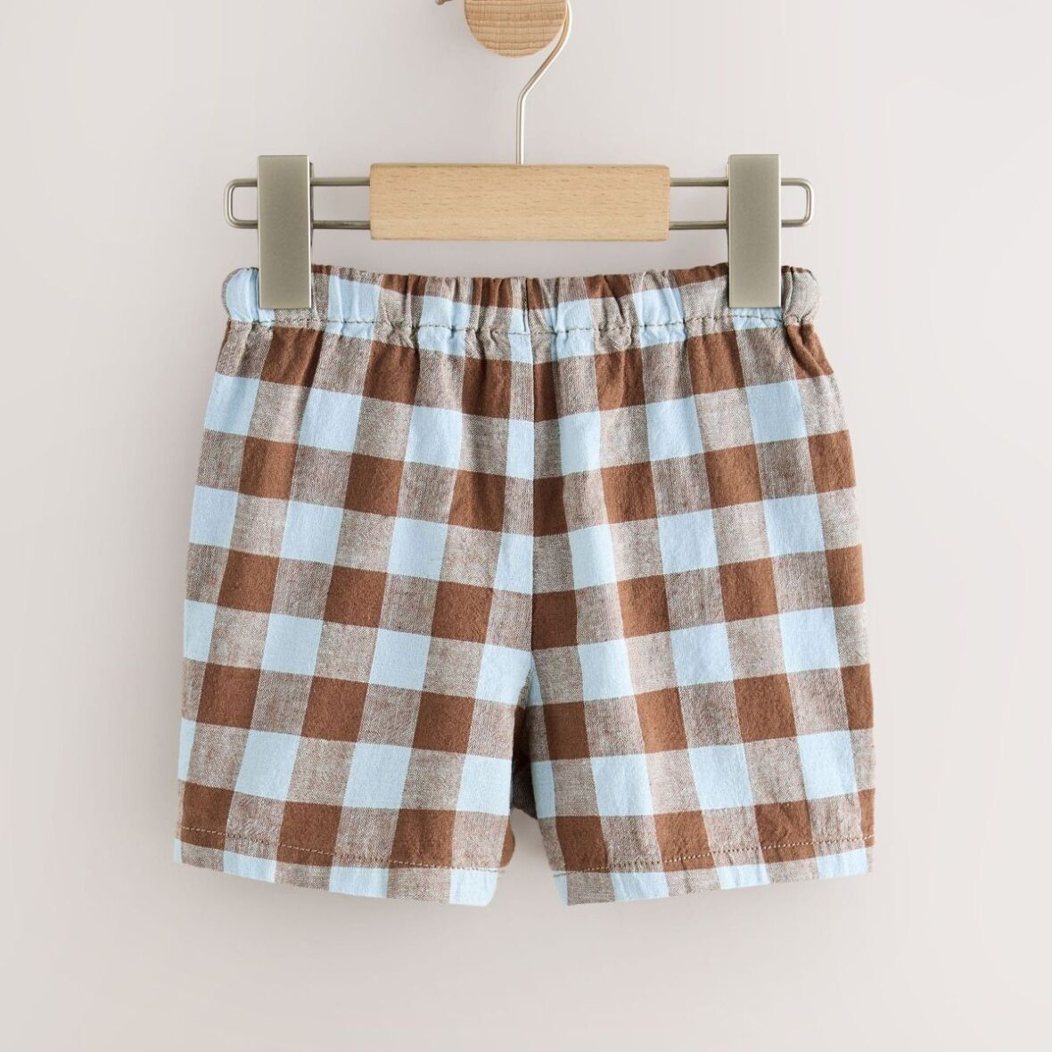 Blue Brown Gingham Linen Blend Pull On Shorts 3