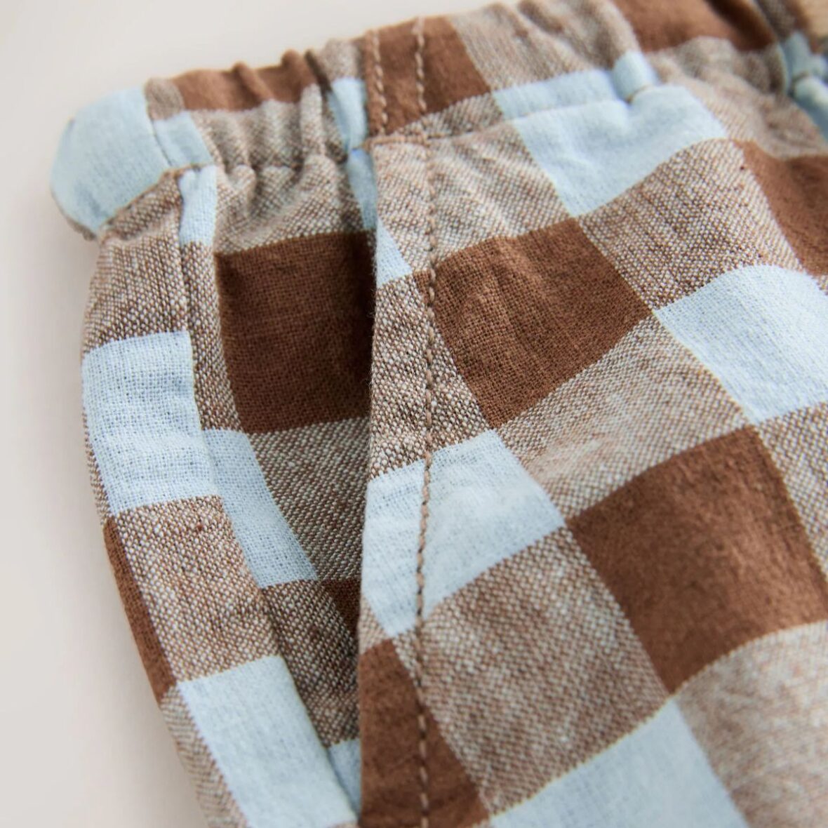 Blue Brown Gingham Linen Blend Pull On Shorts 4