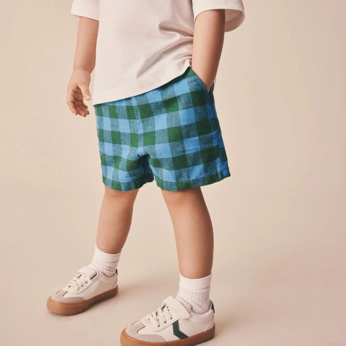 Blue Green Gingham Linen Blend Pull On Shorts 11