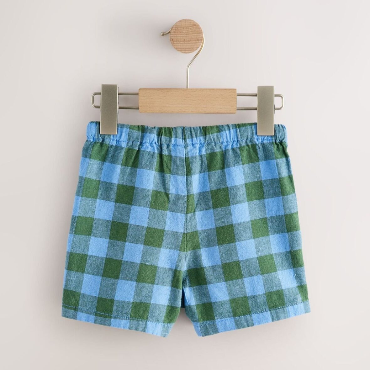 Blue Green Gingham Linen Blend Pull On Shorts 33