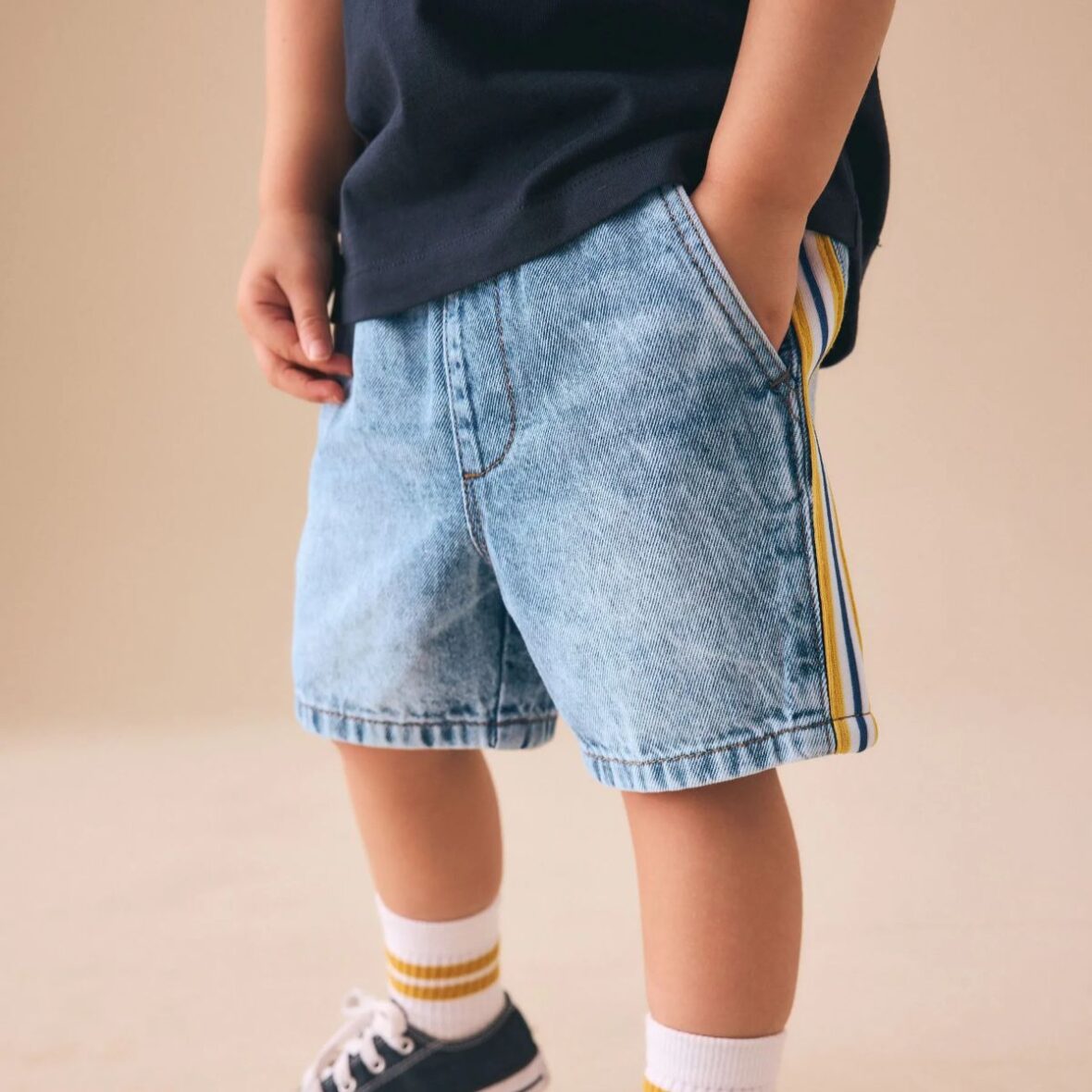 Blue Side Stripe Pull On Loose Denim Shorts 1