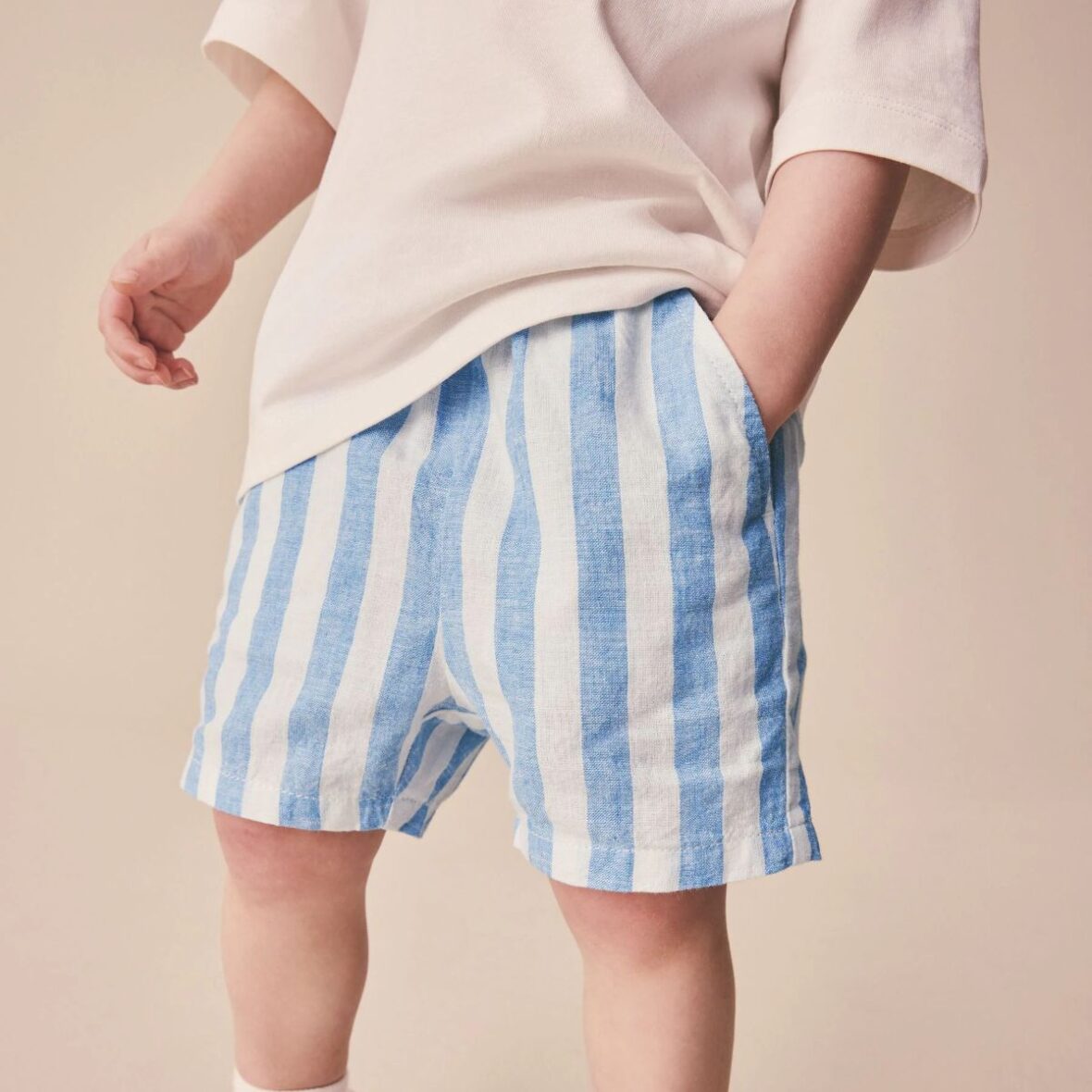 Blue Stripe Linen Blend Pull On Shorts 1